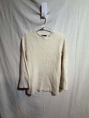 ERIN Ribbed Baby Wool Cashmere Long Bell Sleeve Knit Sweater Cream Off-White F